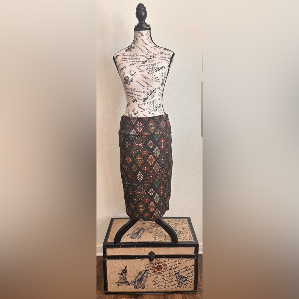 LuLaRoe Geometric Midi Pencil Skirt in Rust, Teal, Cream and Black
